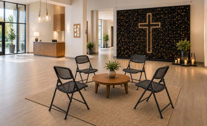 church lobby with natural lighting and a unique backdrop