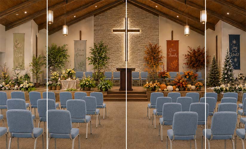 Generated image of a church hall decorated for four different seasons