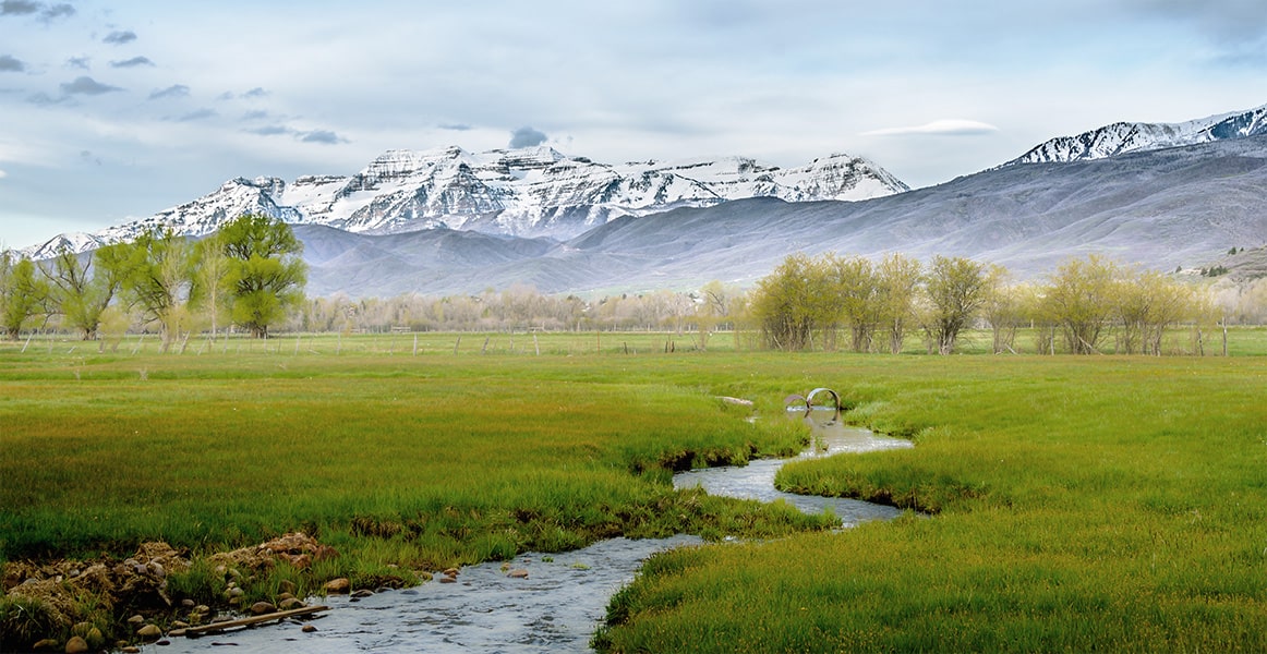 犹他州田野中流淌的溪水，背景是白雪皑皑的群山