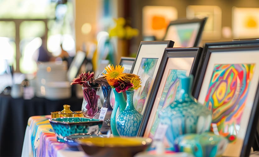 Art pieces sitting atop a table