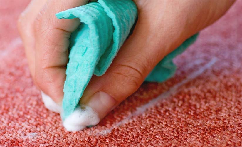 A close up of a hand holding a sponge, surrounded by suds to clean upholstery