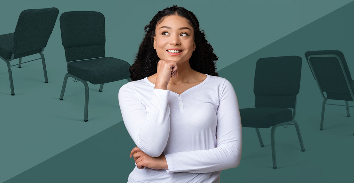 Woman thinking with Millennial and Essentials Church Chairs in the background