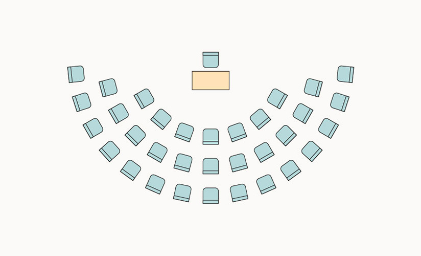 Large semi-circle layout surrounding a main podium