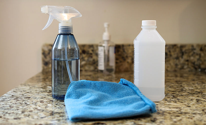 microfiber cloth and cleaning equipment on a countertop