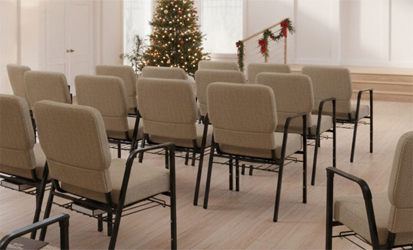 Rendering of cream colored Bertolini chairs arranged into neat rows for worship during the holiday season