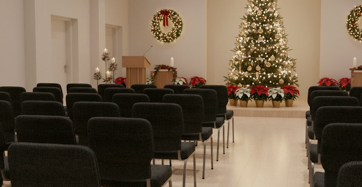 Rendering of Bertolini Impressions chairs arranged in a modern worship hall decorated for the holiday season