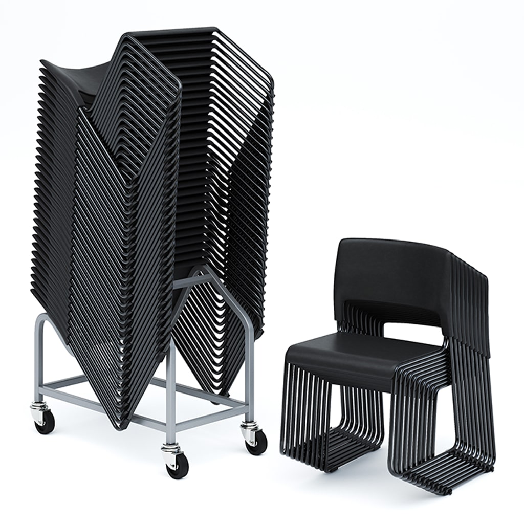 HD Select chairs stacked in a cart and on the floor