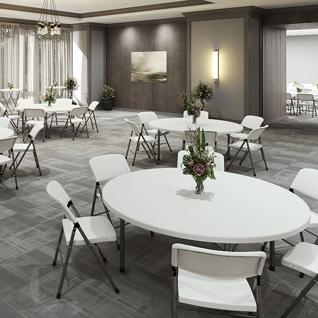 Brisa round tables arranged in a social worship setting