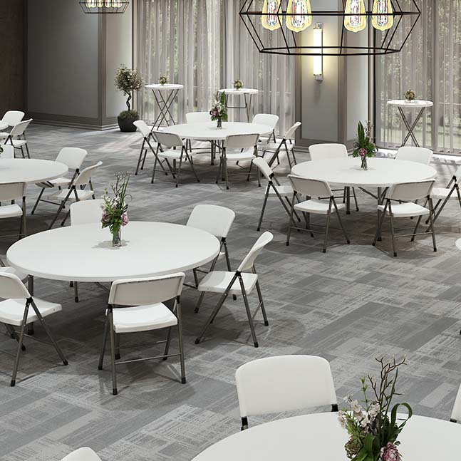 Many Brisa round tables arranged in a social worship setting