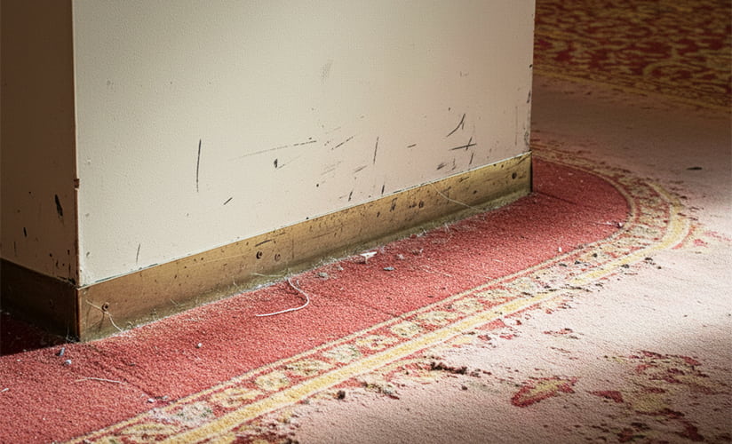 Worn hallway with fraying carpet