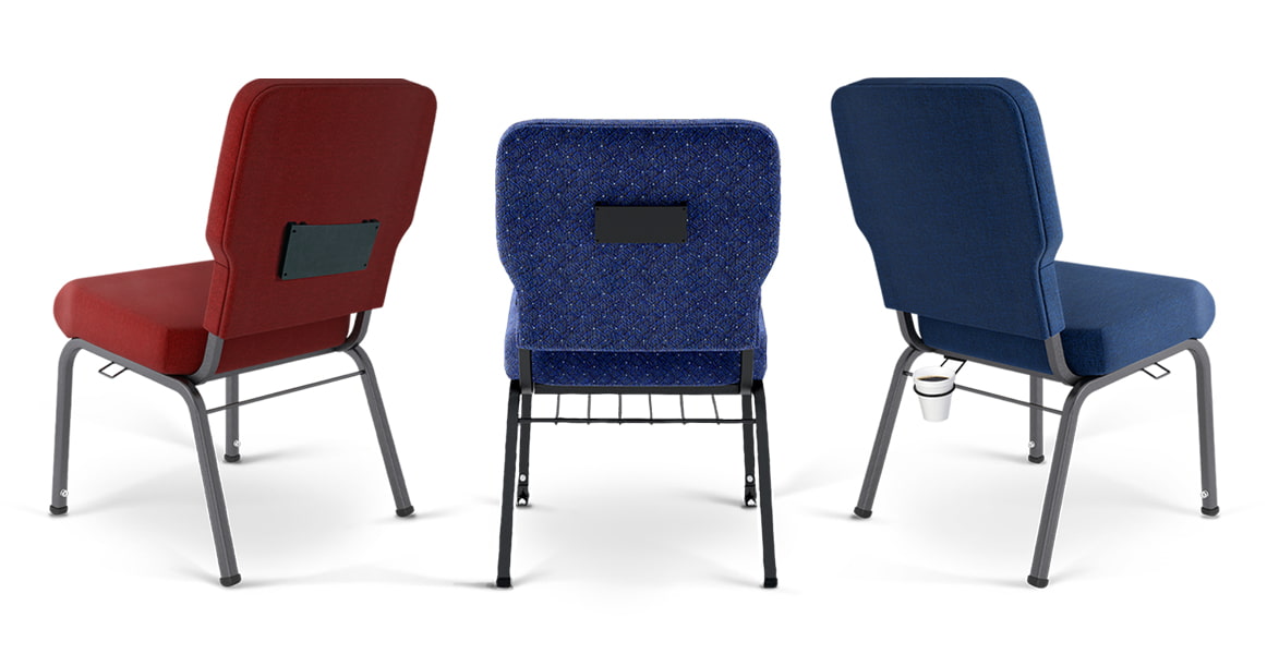 Three church chairs side-by-side featuring different accessories