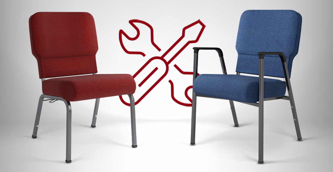 Two Bertolini chairs angled toward each other with an illustration of tools in the background