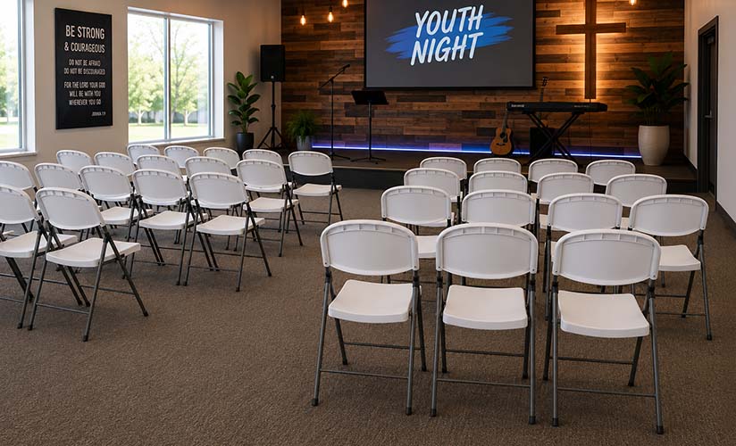 Rendering of a worship space prepped for a youth event