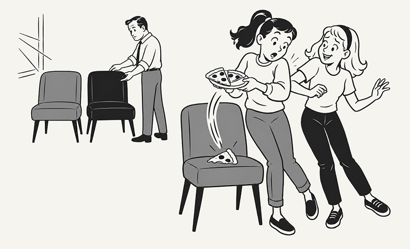 Une part de pizza atterrit sur une chaise tandis qu'un membre de l'église compare curieusement les chaises en arrière-plan.