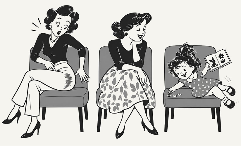 Deux femmes sont assises côte à côte. L'une remarque une tache de couleur sur sa chaise tandis que l'autre observe son enfant.